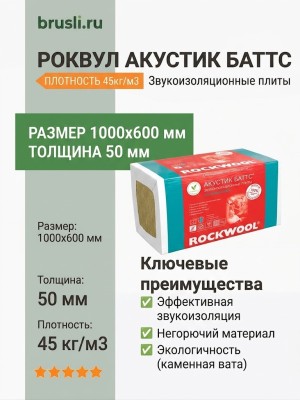Роквул Акустик Баттс 1000х600х50 плот 45кг/м3