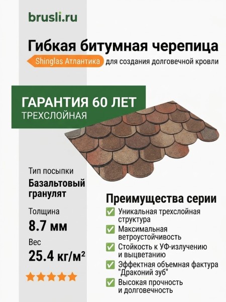 Гибкая битумная черепица Shinglas Атлантика (трехслойная) Тенерифе