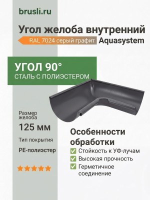 Угол желоба внутренний Aquasystem PE-полиэстер 125/90 мм RAL 7024 - серый графит