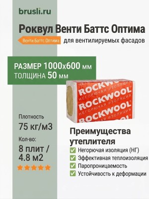 Роквул Венти Баттс Оптима 1000х600х50 плот 75кг/м3