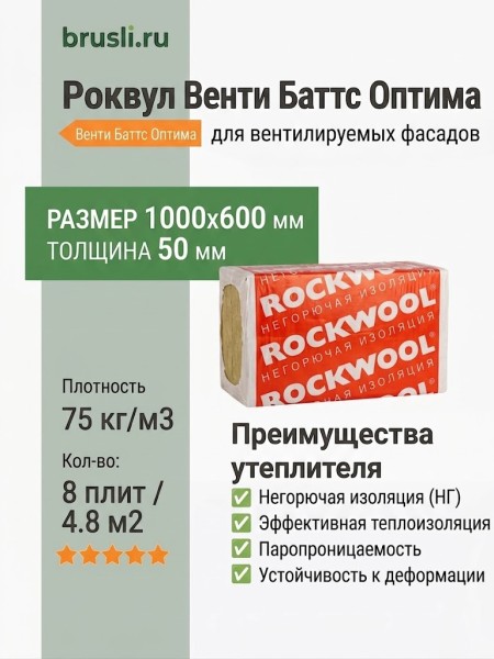 Роквул Венти Баттс Оптима 1000х600х50 плот 75кг/м3