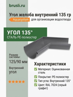 Угол желоба внутренний 135 гр Aquasystem PE-полиэстер 125/90 мм RAL 7024 - серый графит