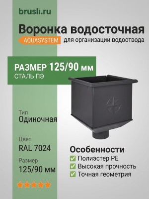 Воронка для одиночной установки AAquasystem PE-полиэстер 125/90 мм RAL 7024 - серый графит