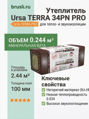 Утеплитель Ursa TERRA 34PN PRO (уп. 4 плиты) 1000*610*100