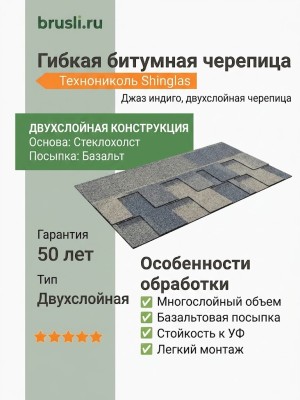 Гибкая битумная черепица Технониколь Shinglas Джаз индиго