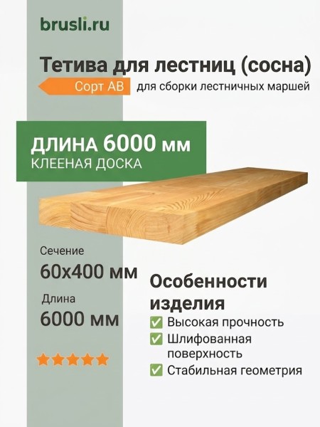 Тетива для лестниц (сосна) 60х400х6000 мм сорт АВ