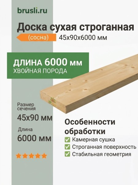 Доска сухая строганная (сосна) 45х90х6000 мм