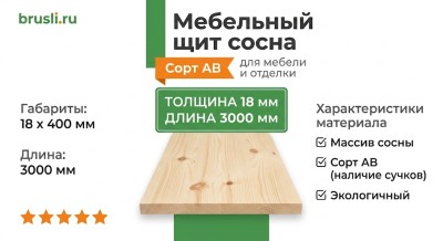 Мебельный щит сосна 18х400х3000 мм сорт AB