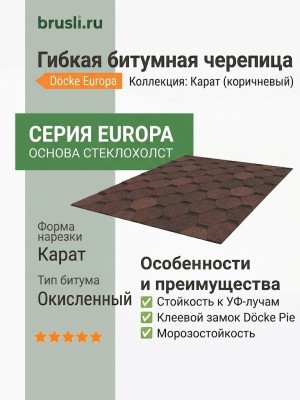 Гибкая битумная черепица Docke Europa Карат коричневый