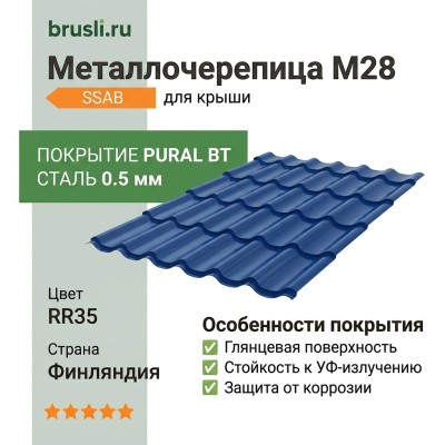 Металлочерепица М28 0,5 GreenCoat Pural BT SSAB RR35 синий
