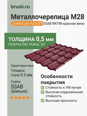 Металлочерепица М28 0,5 GreenCoat Pural BT SSAB RR798 красное вино