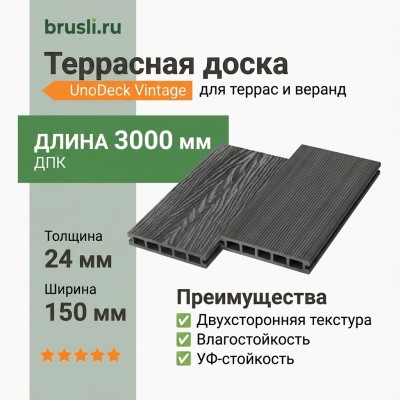 Террасная доска UnoDeck Vintage 150×24х3000 мм Графит