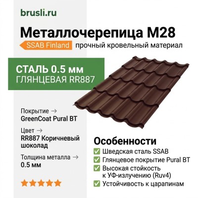 Металлочерепица М28 0,5 GreenCoat Pural BT SSAB RR887 коричневый шоколад