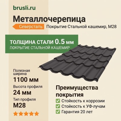 Металлочерепица М28 стальной кашемир глянцевая RAL7024 серый