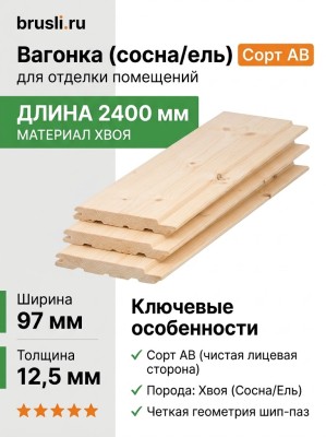 Вагонка (сосна/ель) 97х12,5х2400 мм (сортАВ)