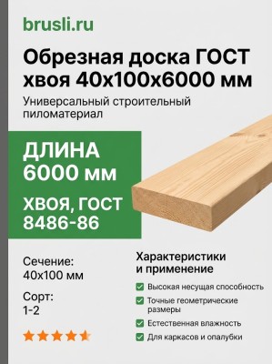 Обрезная доска ГОСТ хвоя 40х100х6000 мм