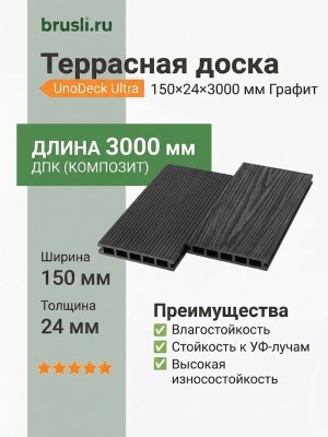 Террасная доска UnoDeck Ultra 150×24х3000 мм Графит