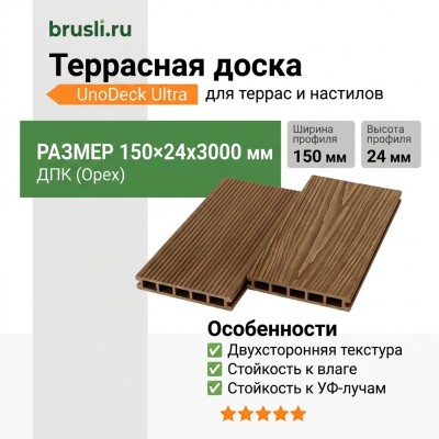 Террасная доска UnoDeck Ultra 150×24х3000 мм Орех