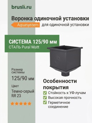 Воронка для одиночной установки Aquasystem 125/90 мм Pural Matt RR 23 Темно-серый