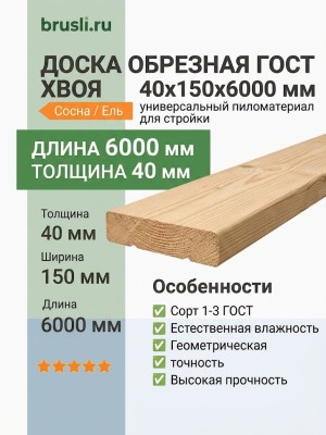 Обрезная доска ГОСТ хвоя 40х150х6000 мм