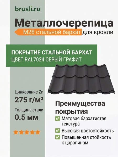 Металлочерепица М28 стальной бархат RAL7024 серый графит