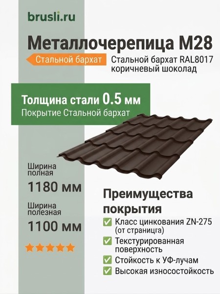 Металлочерепица М28 стальной бархат RAL8017 коричневый шоколад