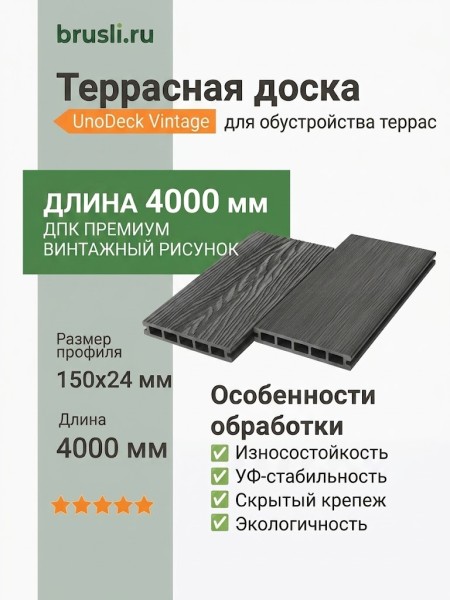 Террасная доска UnoDeck Vintage 150×24х4000 мм Графит