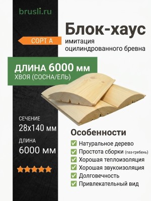 Блок-хаус (сосна/ель) 28х140х6000 мм сорт А