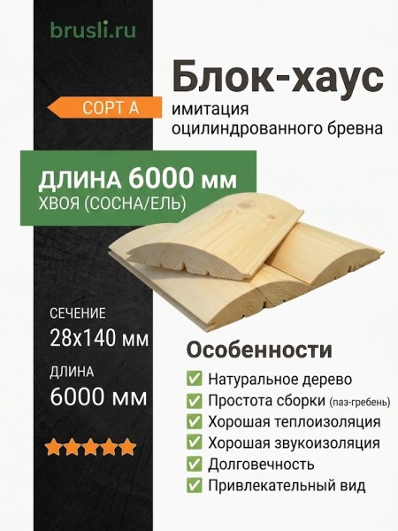 Блок-хаус (сосна/ель) 28х140х6000 мм сорт А