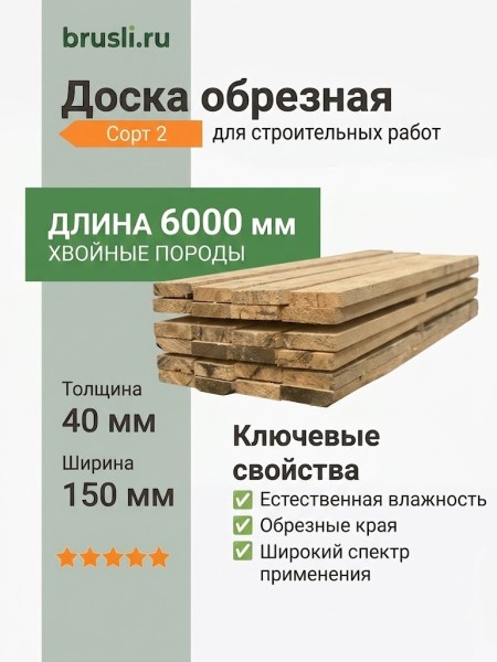 Доска обрезная 2 сорт 40х150х6000 мм