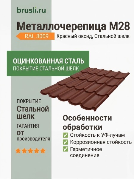 Металлочерепица М28 стальной шелк RAL 3009 красный
