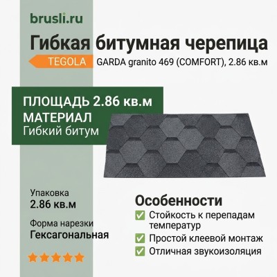 Гибкая битумная черепица GARDA granito 469 TEGOLA (COMFORT), 2.86 кв.м