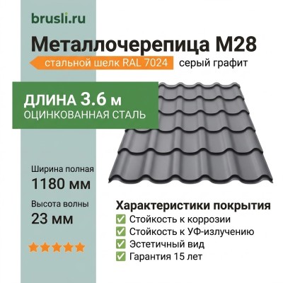 Металлочерепица М28 стальной шелк RAL 7024 серый графит