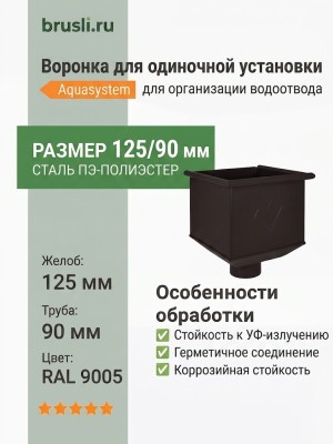 Воронка для одиночной установки Aquasystem PE-полиэстер 125/90 мм RAL 9005 - черный темный