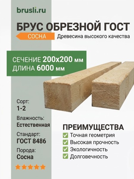 Брус обрезной ГОСТ 200х200х6000 мм сосна