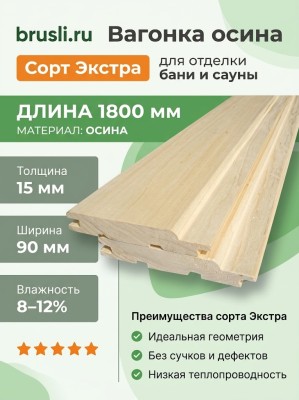 Вагонка осина сорт Экстра 15х90х1800 мм