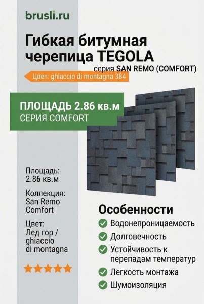 Гибкая черепица SAN REMO ghiaccio di montagna 384 TEGOLA (COMFORT), 2.86 кв.м