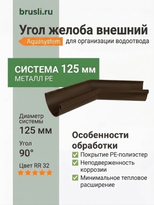 Угол желоба внешний Aquasystem PE-полиэстер 125/90 мм RR 32- т.коричневый